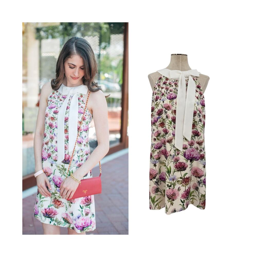 Ted Baker Lucilee Floral Bow Neck Shift Dress Pink White Sleeveless Size 4 US 10